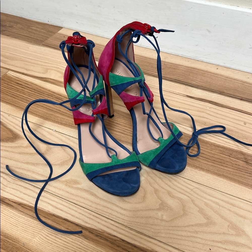 Stuart Weitzman Leg Wrap Lace Up Color Block Suede Sandals